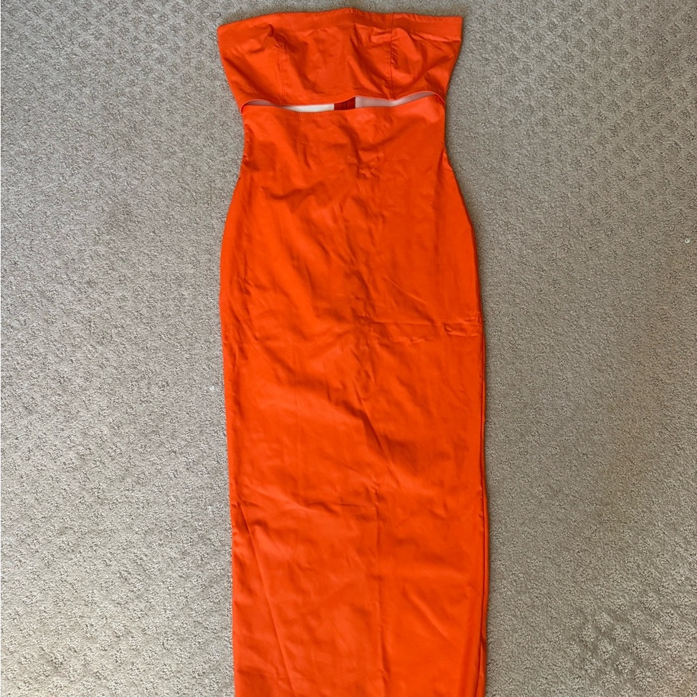 AKIRA Pleather Cut Out Midi Dress Vibrant Orange Strapless Baddie Club Going Out - Picture 12 of 16